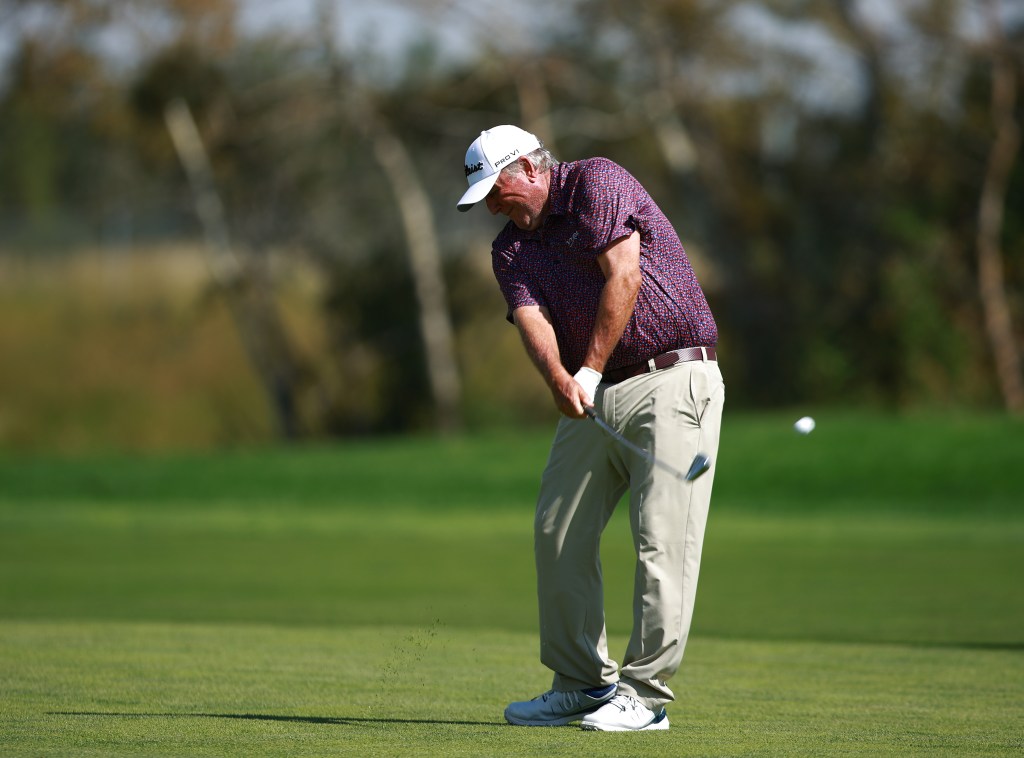 Mark Calcavecchia of the United States hits his second shot on the 13th hole during the second round of the Rogers Charity Classic at Canyon Meadows Golf & CC on August 17, 2024 in Calgary, Alberta, Canada.  