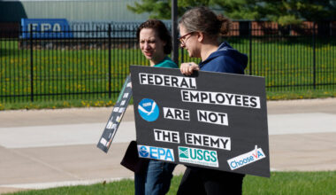 Demonstrators march during a “Hands off the EPA” rally outside the agency’s offices in Ann Arbor, Mich., on April 22, 2025. Credit: Jeff Kowalsky/AFP via Getty Images