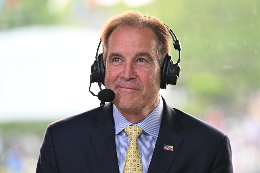 Jim Nantz is seen on the CBS sports desk during the third round of  the Memorial Tournament presented by Workday at Muirfield Village Golf Club on May 31, 2025 in Dublin, Ohio.
