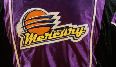 Detail view of the Phoenix Mercury logo design on a team warm up jacket during the WNBA Western Con...