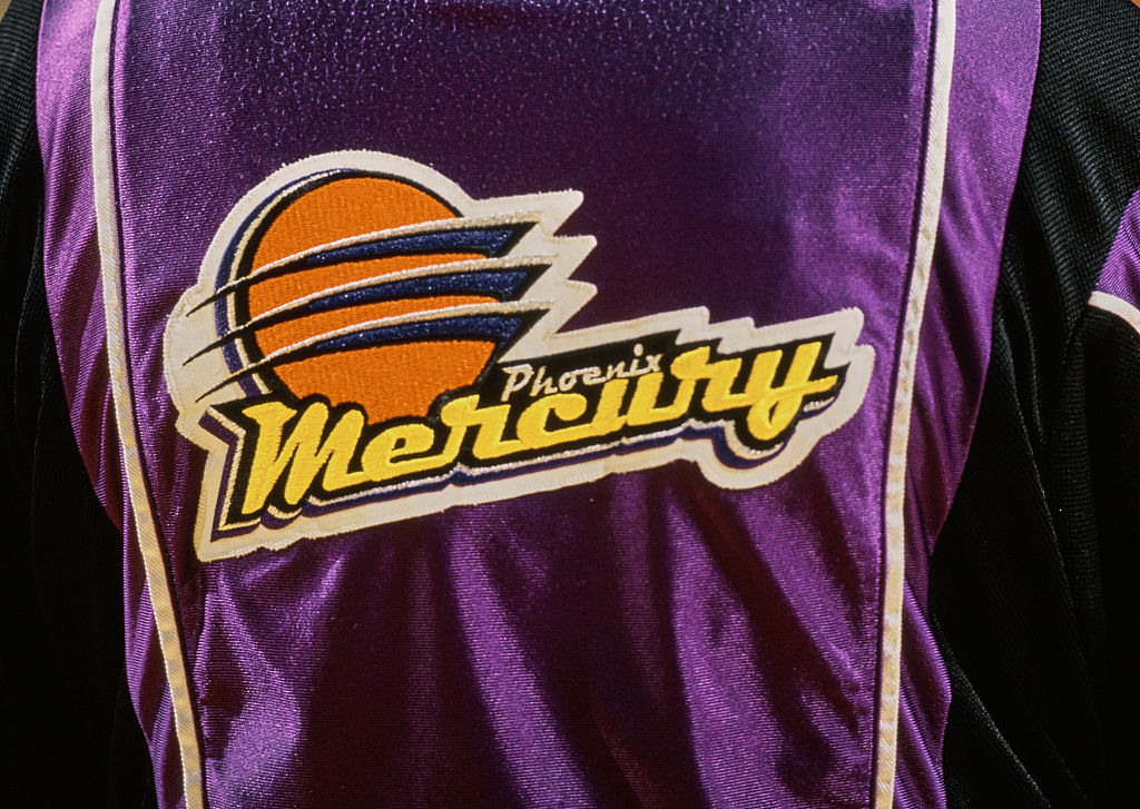 Detail view of the Phoenix Mercury logo design on a team warm up jacket during the WNBA Western Con...