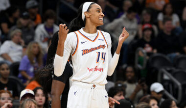 PHOENIX, ARIZONA - AUGUST 05: DeWanna Bonner #14 of the Phoenix Mercury reacts after losing the bal...