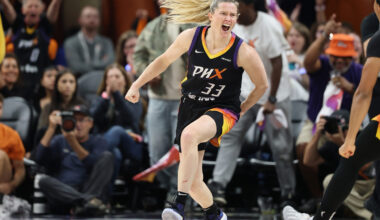 PHOENIX, ARIZONA - SEPTEMBER 26: Sami Whitcomb #33 of the Phoenix Mercury celebrates after scoring ...