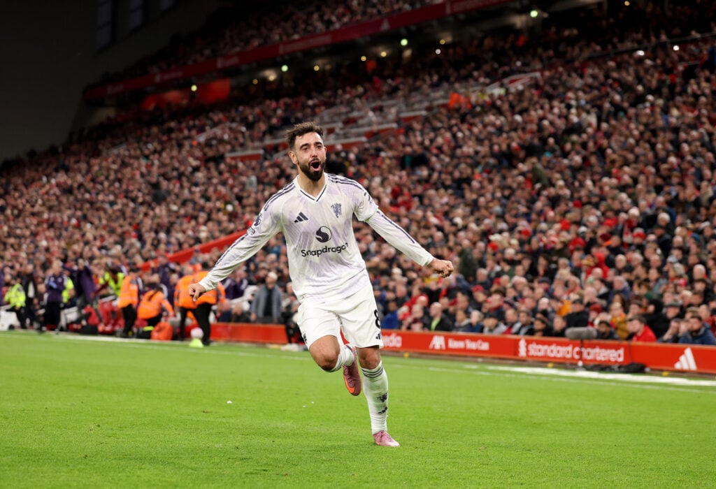Bruno Fernandes during the Premier League match between Liverpool and Manchester United at Anfield in 2025 in Liverpool, England.