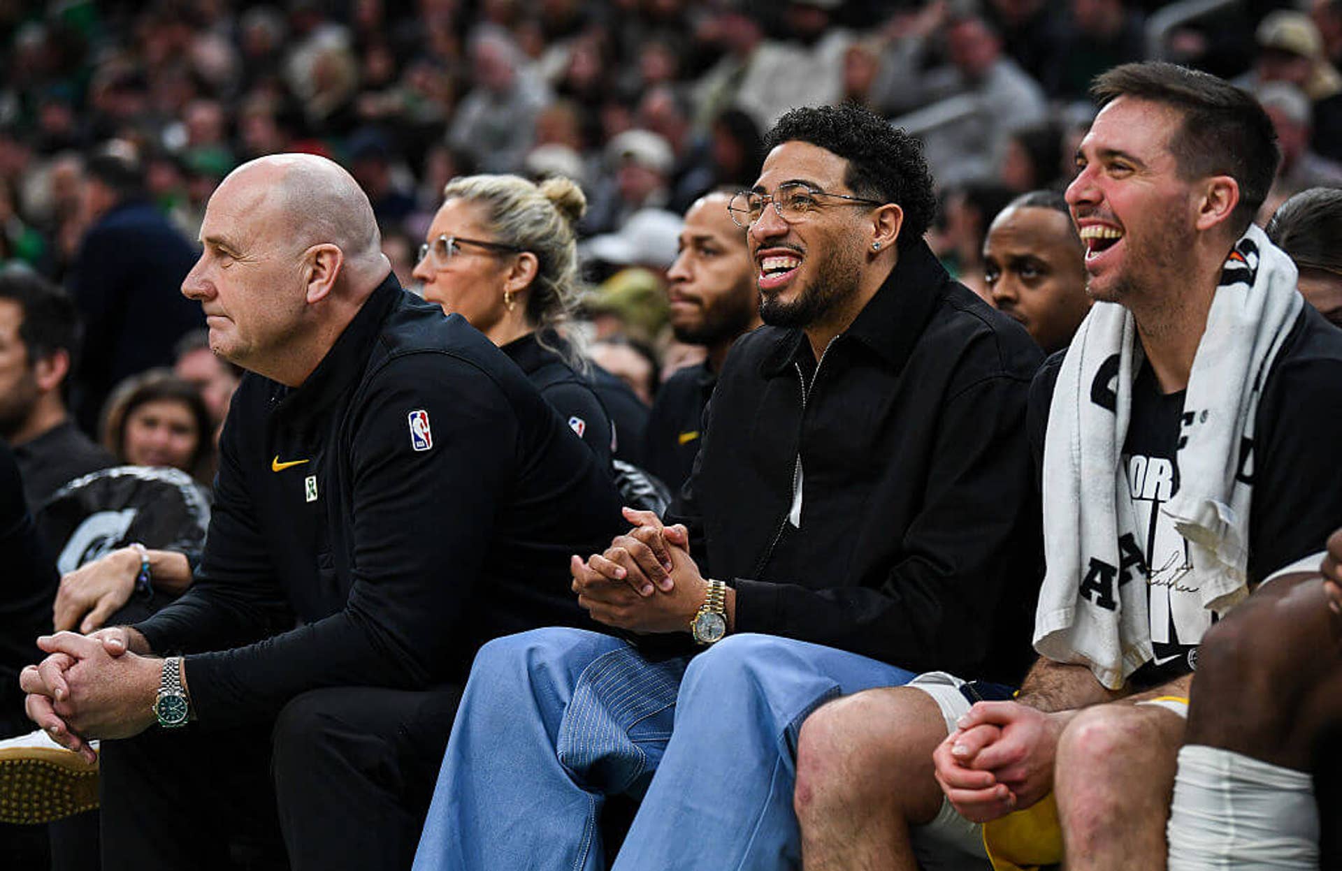 Tyrese Haliburton looks on during a Pacers game.