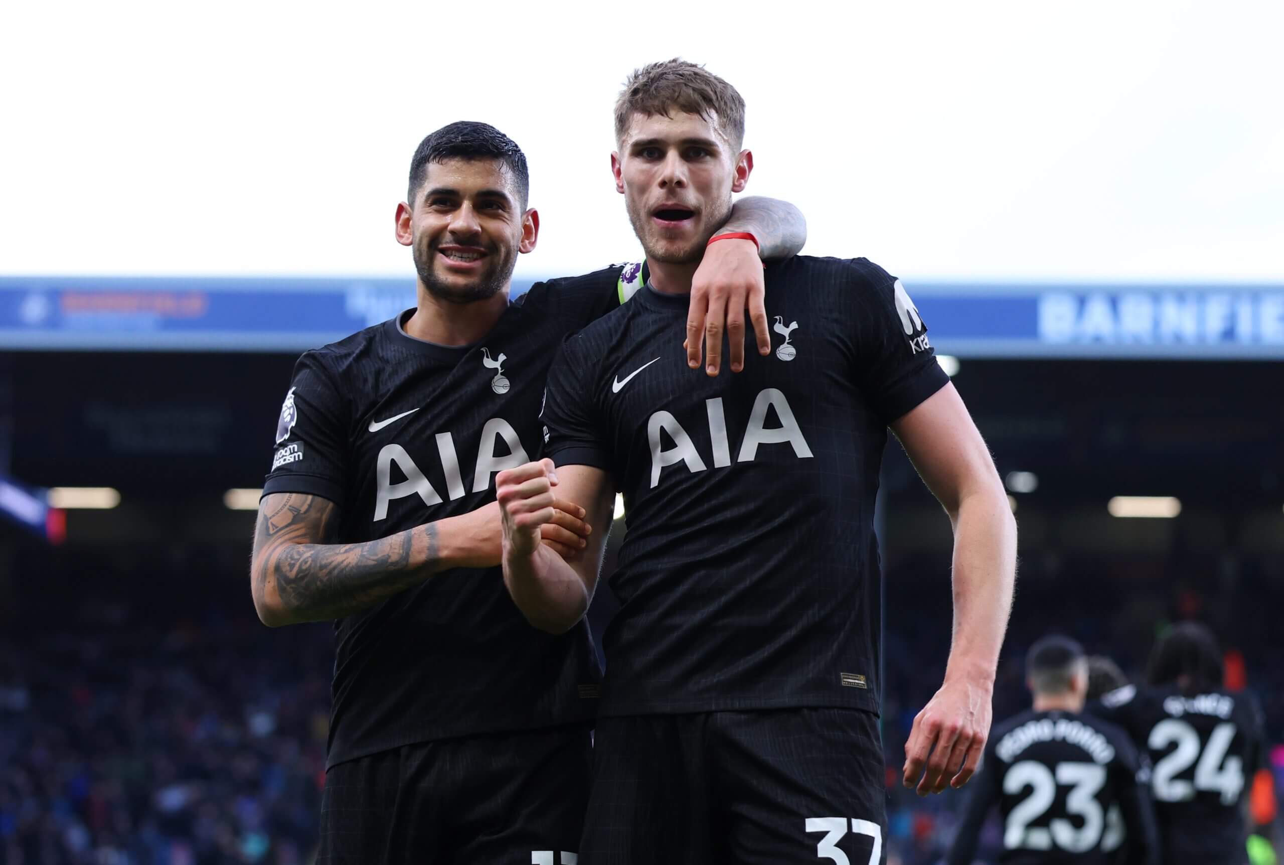 Romero and Van de Ven celebrating a goal for Spurs