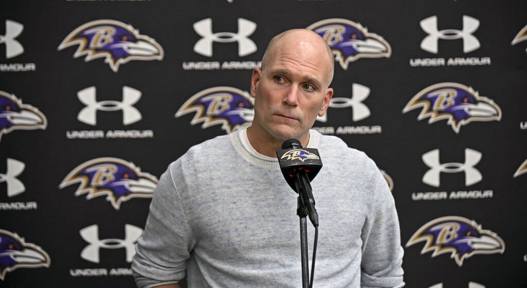 Baltimore Ravens general manager Eric DeCosta answers questions after the deal for Maxx Crosby fell through.