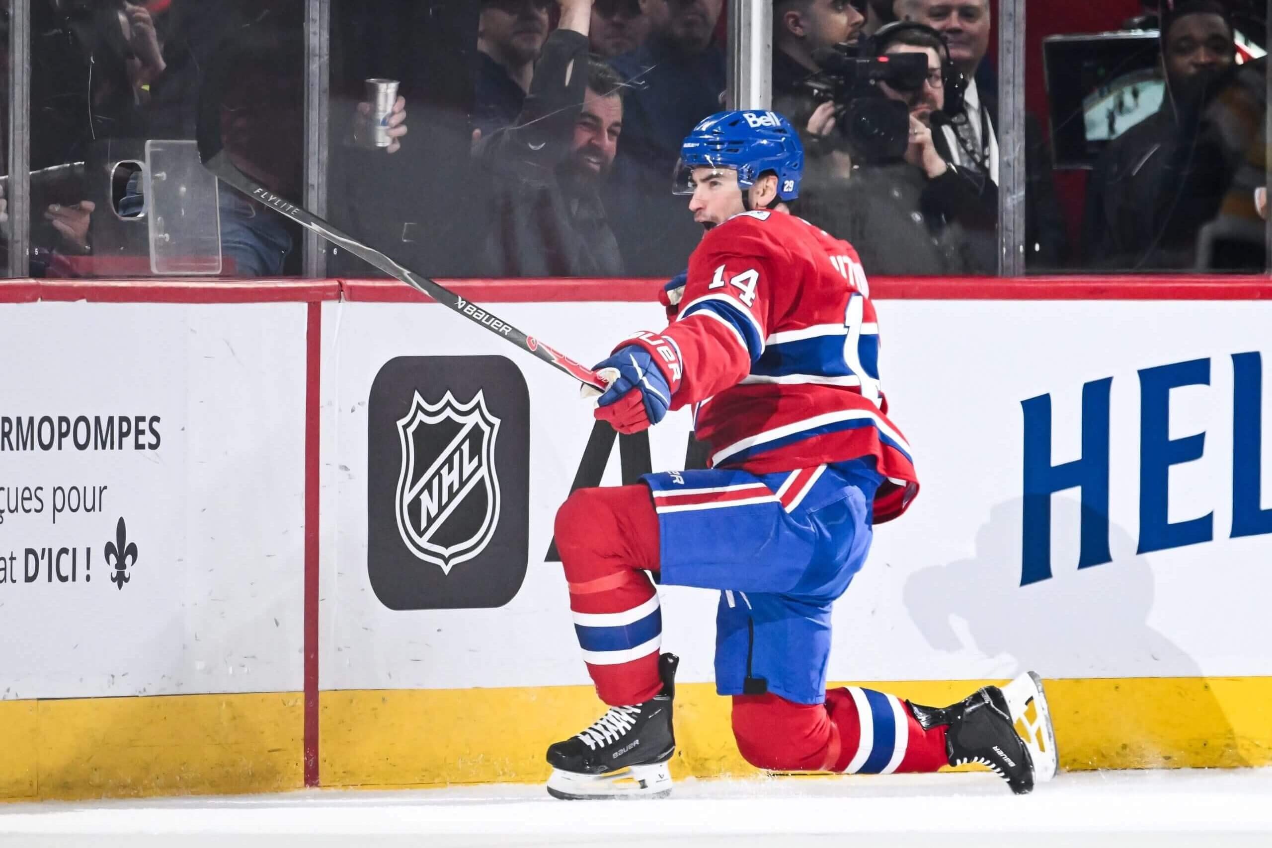Nick Suzuki of the Montréal Canadiens celebrates a goal.