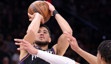 Devin Booker #1 of the Phoenix Suns...