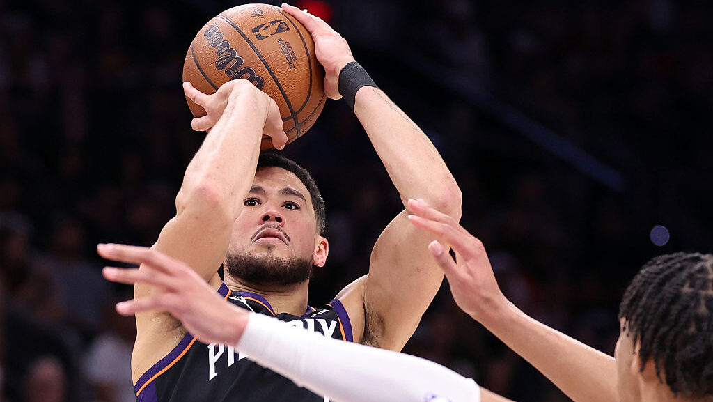Devin Booker #1 of the Phoenix Suns...
