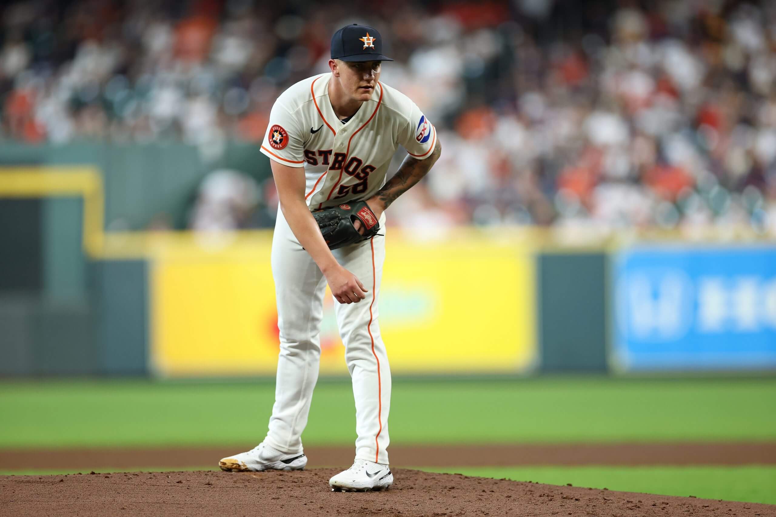 Hunter Brown #58 of the Houston Astros pitches in the second inning against the Los Angeles Angels on Opening Day at Daikin Park on March 26, 2026 in Houston, Texas.