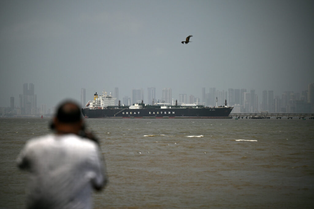 A tanker transporting liquefied petroleum gas is seen at a port in Mumbai, India, after passing through the Strait of Hormuz on April 1. Credit: Anadolu via Getty Images