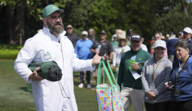 Former NFL football player, Jason Kelce, during the Par Three Contest prior to Masters Tournament at Augusta National Golf Club on April 8, 2026 in Augusta, Georgia.