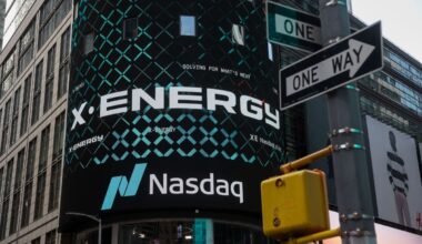 X-energy appears on a sign above the Nasdaq.