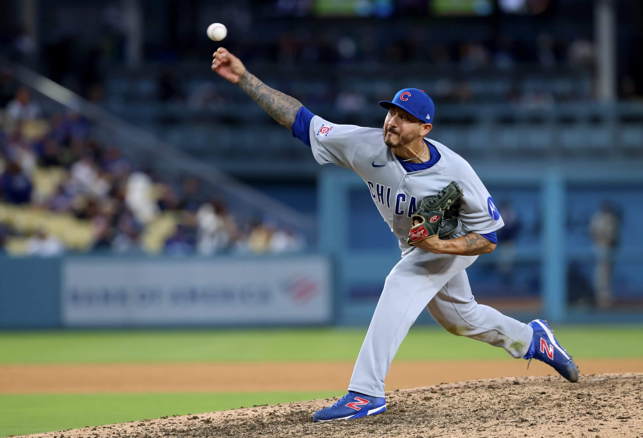Vince Velasquez of the Chicago Cubs pitches with his right arm during the game against the Los Angeles Dodgers at Dodger Stadium.