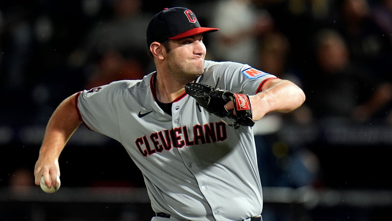 Cleveland Guardians pitcher Gavin Williams delivers to the Tampa Bay Rays during the first inning of a baseball game Friday, Sept. 5, 2025, in Tampa, Fla. (AP Photo/Chris O'Meara)