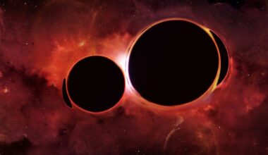 Two large dark holes are seen close together against a red glowing cosmic background