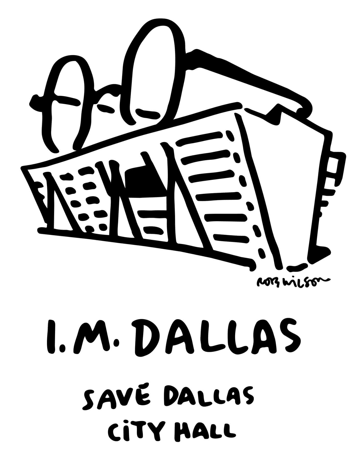 illustration by artist Rob Wilson depicting the dallas city hall building with eyeglasses perched on top of it