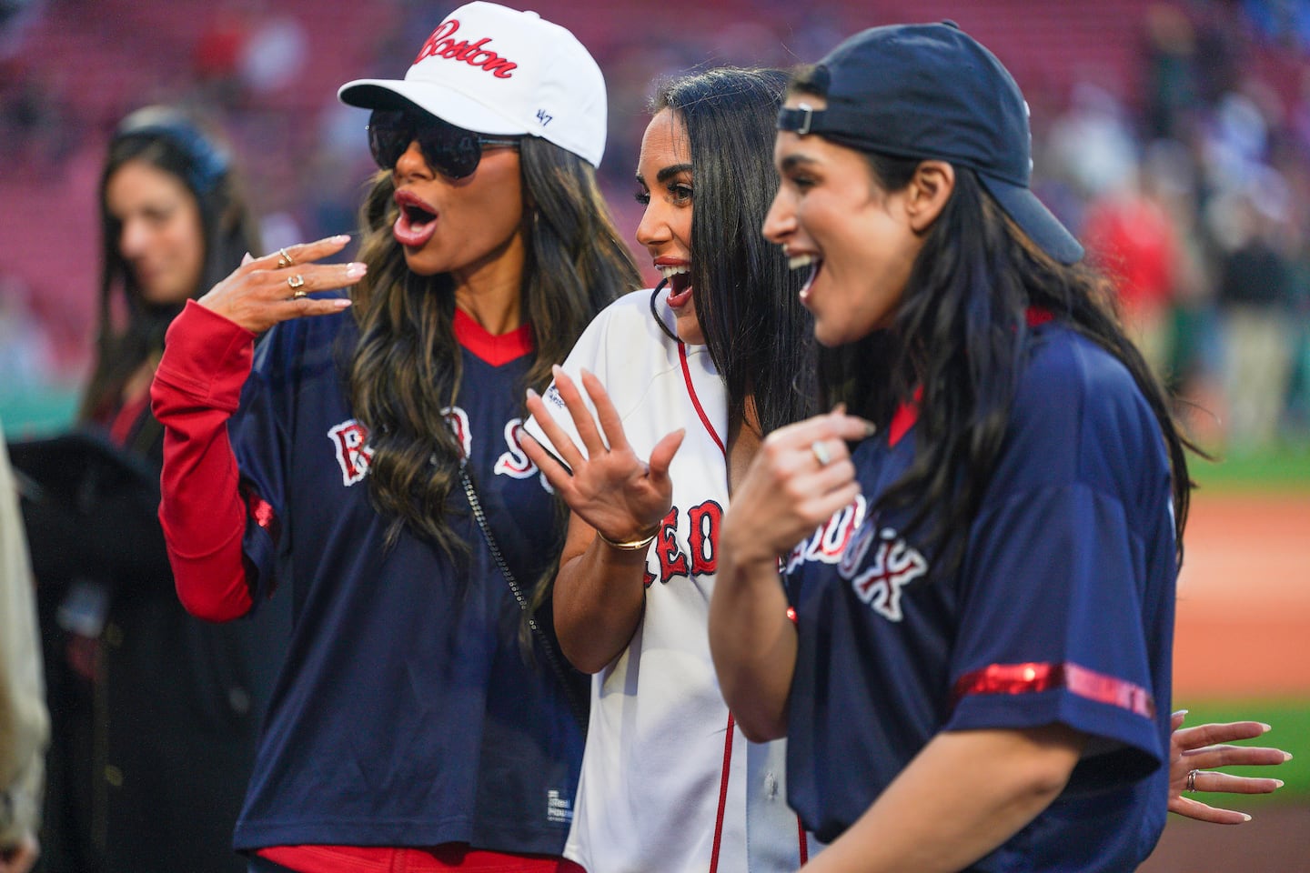 From left: Rulla Nehme Pontarelli, Rosie DiMare, and Ashley Iaconetti at Fenway Park on Friday night.