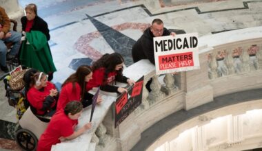 Medicaid supporters rally in the Idaho Capitol rotunda before Gov. Brad Little's Jan. 12 State of the State address.