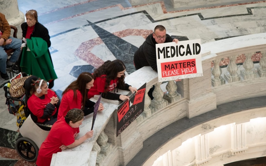 Medicaid supporters rally in the Idaho Capitol rotunda before Gov. Brad Little's Jan. 12 State of the State address.