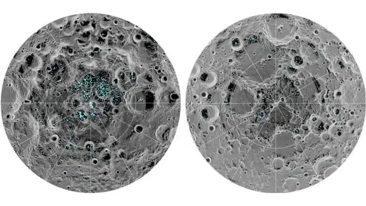Ice Deposits (in Blue) At The Moon’s South Pole (left) And North Pole (right), Detected By The Chandrayaan 1 Spacecraft.
