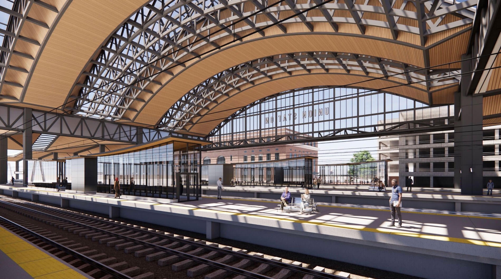 rendering showing underside of new canopy over tracks proposed for union station new haven