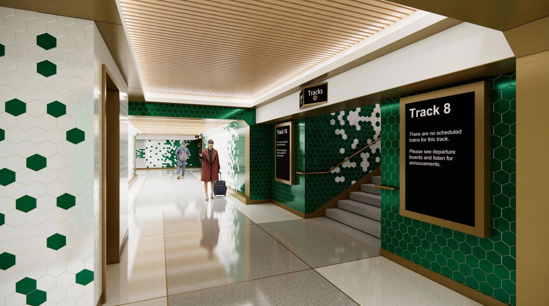 rendering of updated hallway with stairs up to tracks and platforms