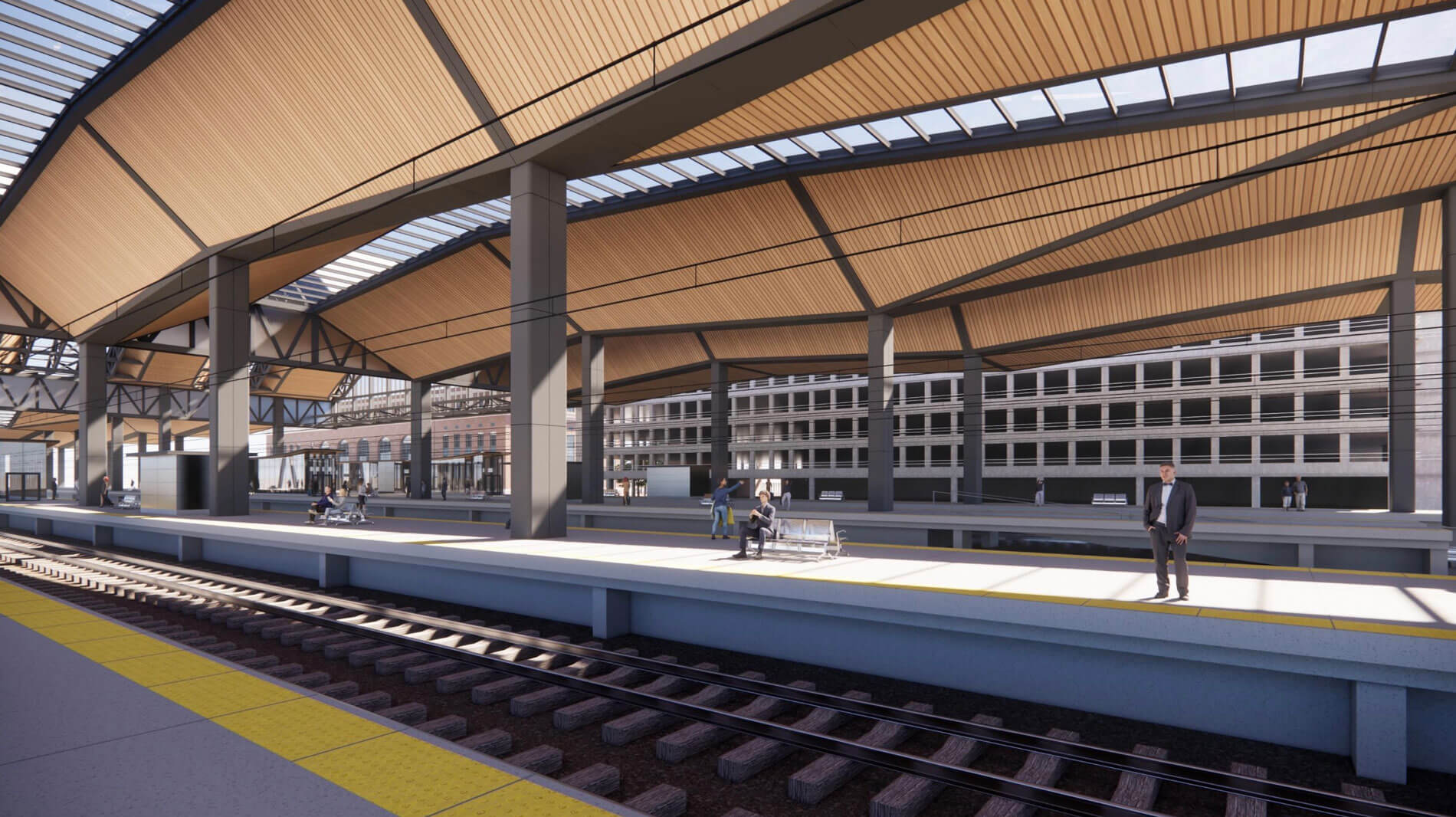 rendering showing underside of new canopy over tracks proposed for union station new haven