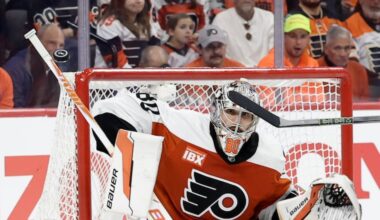 Flyers goaltender Dan Vladař uses his stick to deflect the puck against the Pittsburgh Penguins in Game 3.