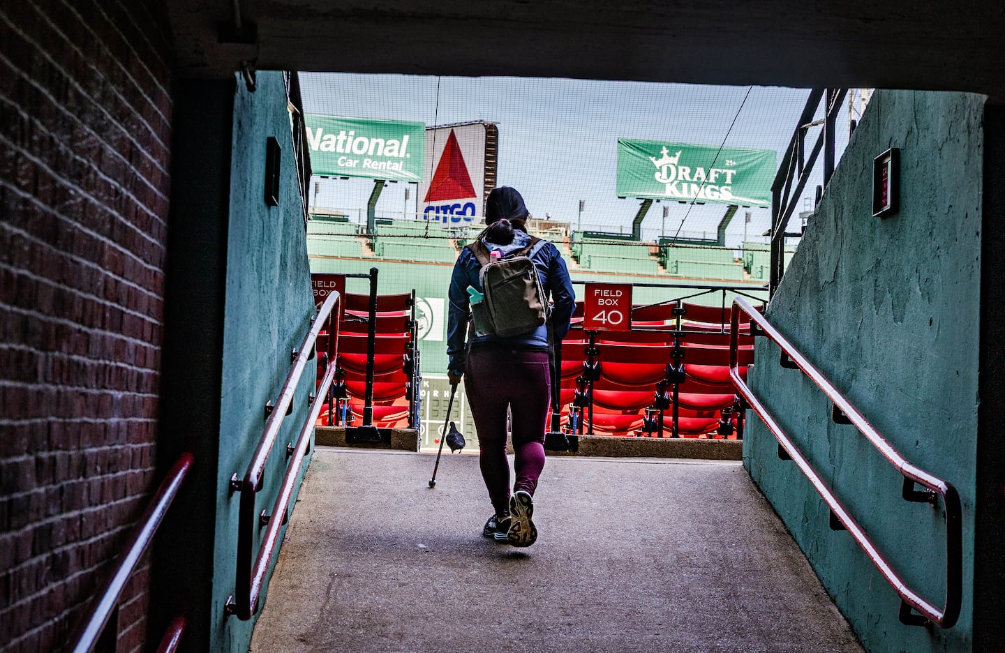 Caruso enters Fenway Park to photograph Beep Baseball on April 11.
