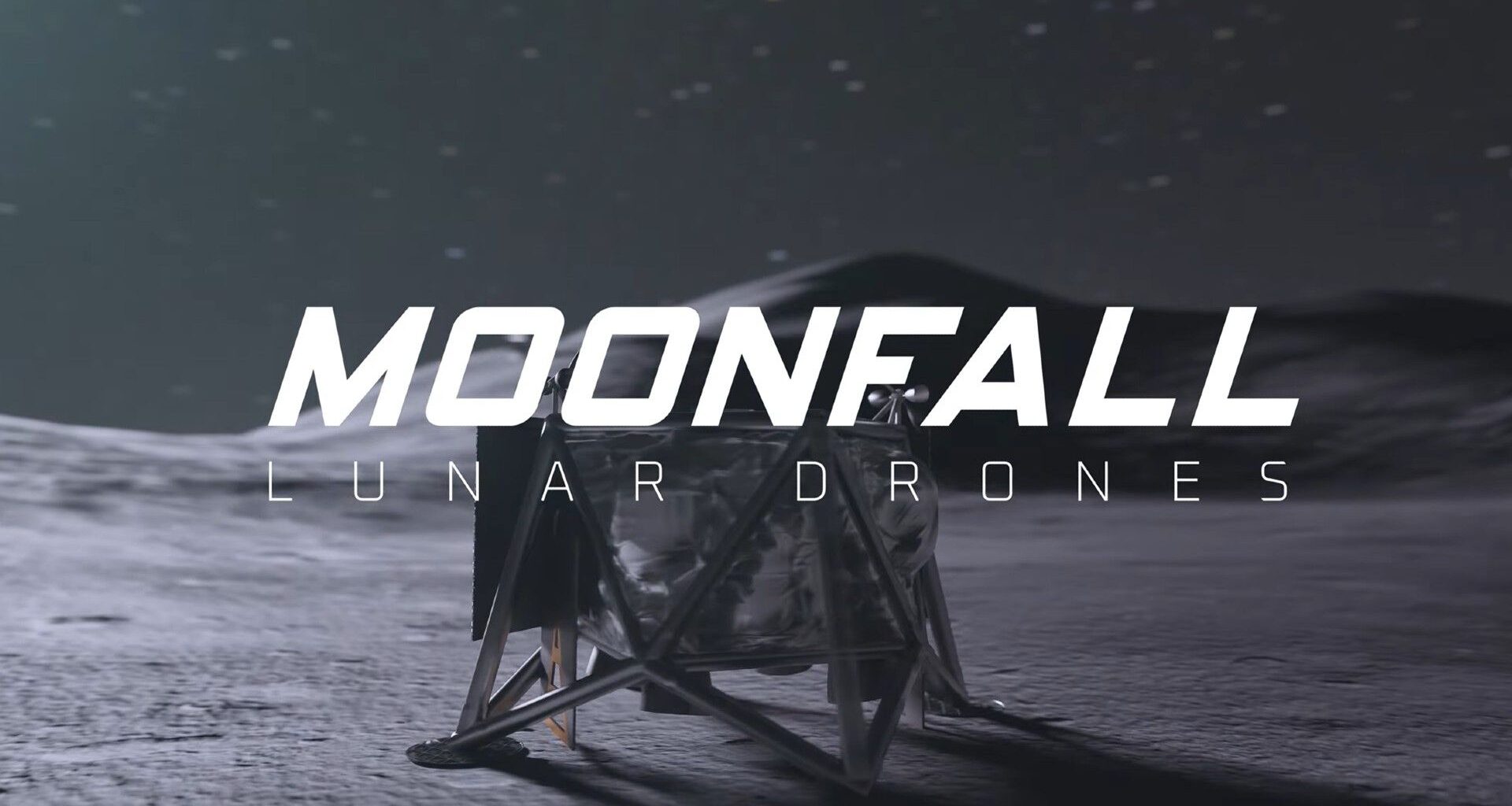 a cube-shaped vehicle soars above a dusty grey surface dotted with craters