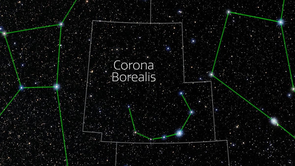 night sky map showing the stars of corona borealis shining in the night sky.