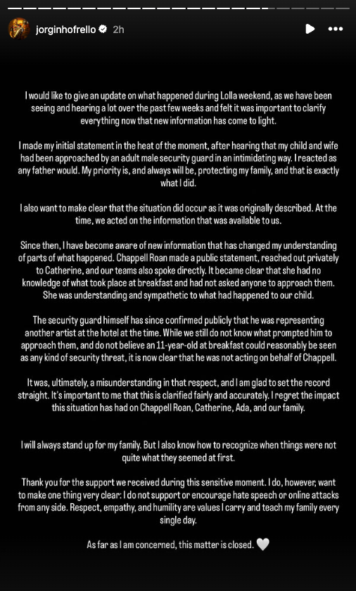 Jorginho Frello issued a statement about the incident with Chappell Roan nearly a month after it went viral