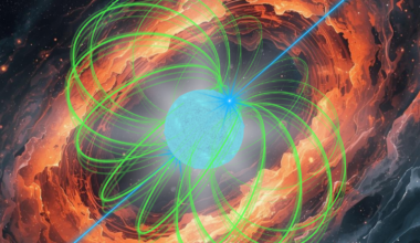A blue ball is illustrated in the middle of lots of swirling dust and there are bright green loops protruding from the ball, representing the magnetic field. There's a blue line protruding from each of the ball's poles.