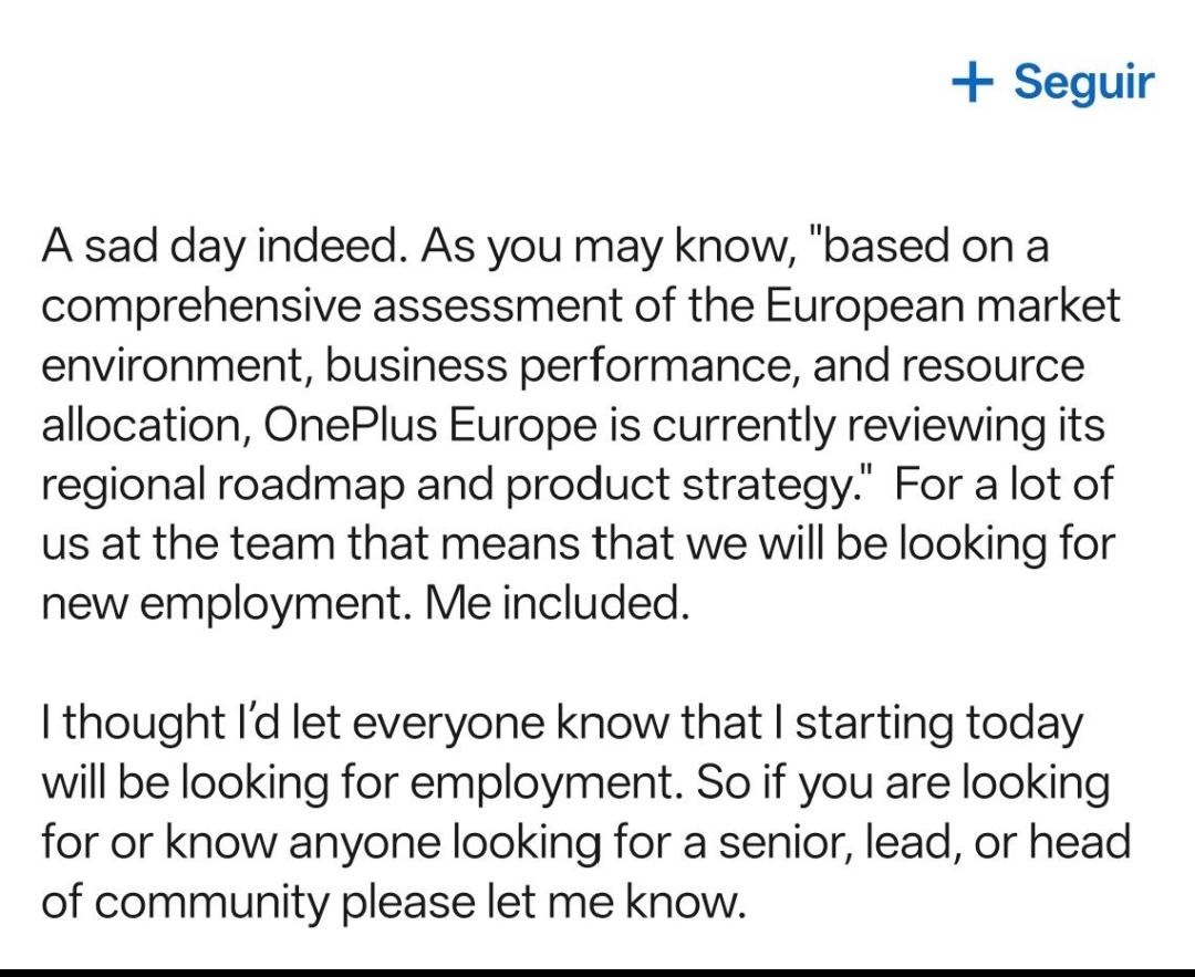 OnePlus Europe's community manager on LinkedIn suggesting company's exit in the region
