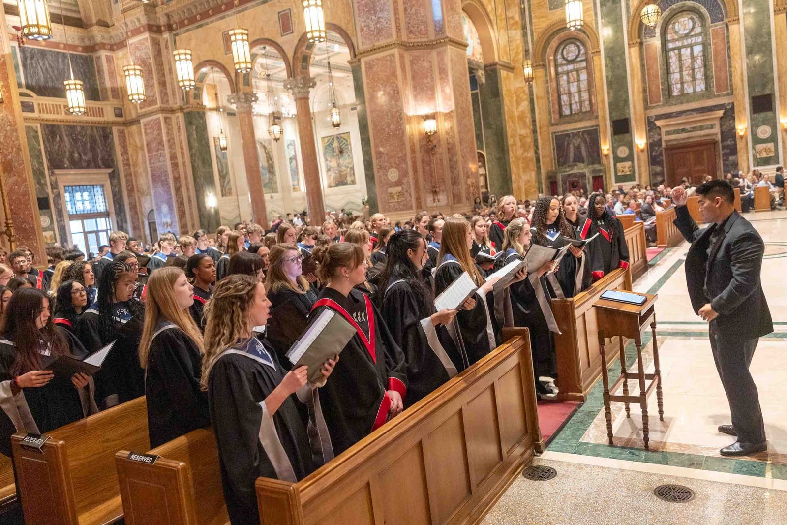 Choir members from Lee’s Summit North and West high schools in Missouri sing during a Vigil Mass for Peace celebrated by Cardinal Robert W. McElroy at the Cathedral of St. Matthew the Apostle in Washington, D.C., on April 11, 2026. Pope Leo XIV had encouraged Catholics around the world to participate in a Vigil for Peace on that day. (Catholic Standard photo by Mihoko Owada)