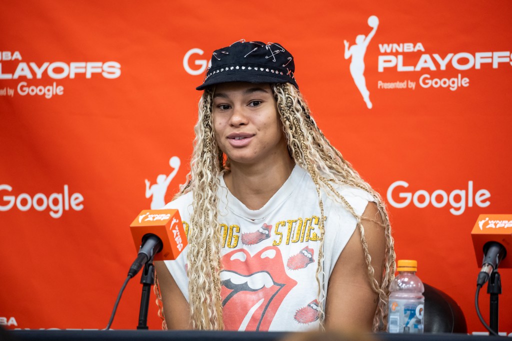 Satou Sabally #0 of the Phoenix Mercury speaks to media after win over the New York Liberty