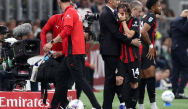 MILAN, ITALY - APRIL 26: Luka Modric of AC Milan is consoled by Massimiliano Allegri, Head Coach of AC Milan, as he is assisted off by medical staff after going down injured during the Serie A match between AC Milan and Juventus FC at Giuseppe Meazza Stadium on April 26, 2026 in Milan, Italy. (Photo by Marco Luzzani/Getty Images)