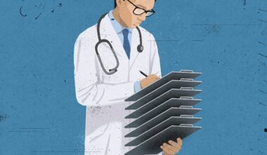 Illustration of a doctor holding several clipboards.