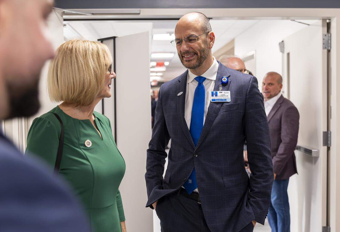 City of Miami Mayor Eileen Higgins talks with Dr. Chris Ghaemmaghami, Jackson Health’s executive vice president, chief physician executive and chief clinical officer while taking a tour of a new emergency room at Jackson Memorial Hospital on Thursday, April 16, 2026, in Miami, Fla.
