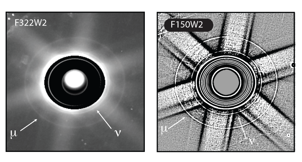 two greyscale images side-by-side showing rings around a bright orb on a grainy monochrome background
