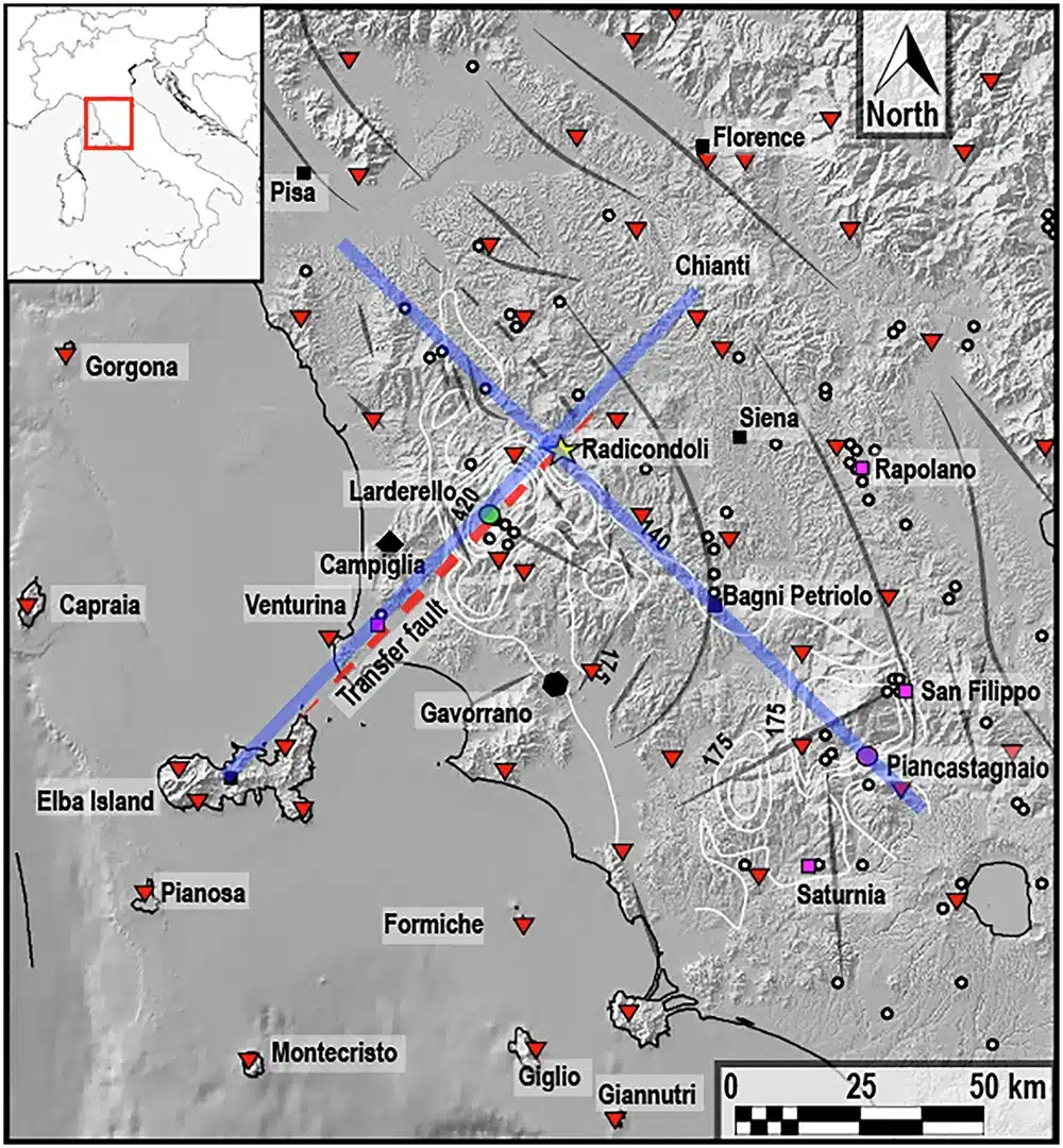 Map Of Tuscany Showing Geothermal Sites And Fault Lines, Including The Transfer Fault.