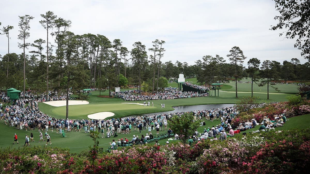 A general view of the 16th hole at Augusta National Golf Club during a practice round