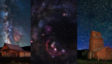 Three images: left, a barn under the Milky Way; center, a close-up of stars and nebulae in the night sky; right, an old wooden building with circular star trails in the sky above it.