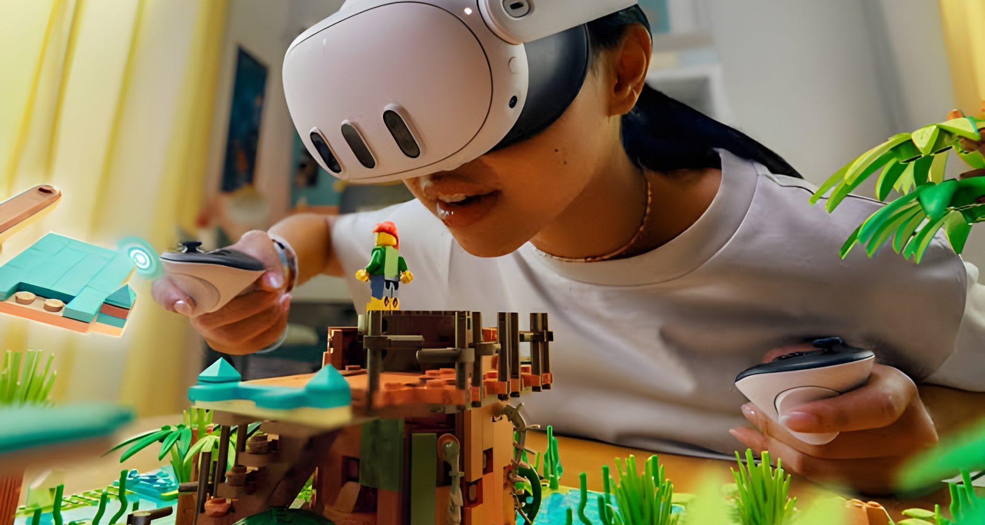 A person wearing a Meta Quest 3 VR headset interacts with a LEGO jungle-themed set using VR controllers.