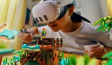 A person wearing a Meta Quest 3 VR headset interacts with a LEGO jungle-themed set using VR controllers.