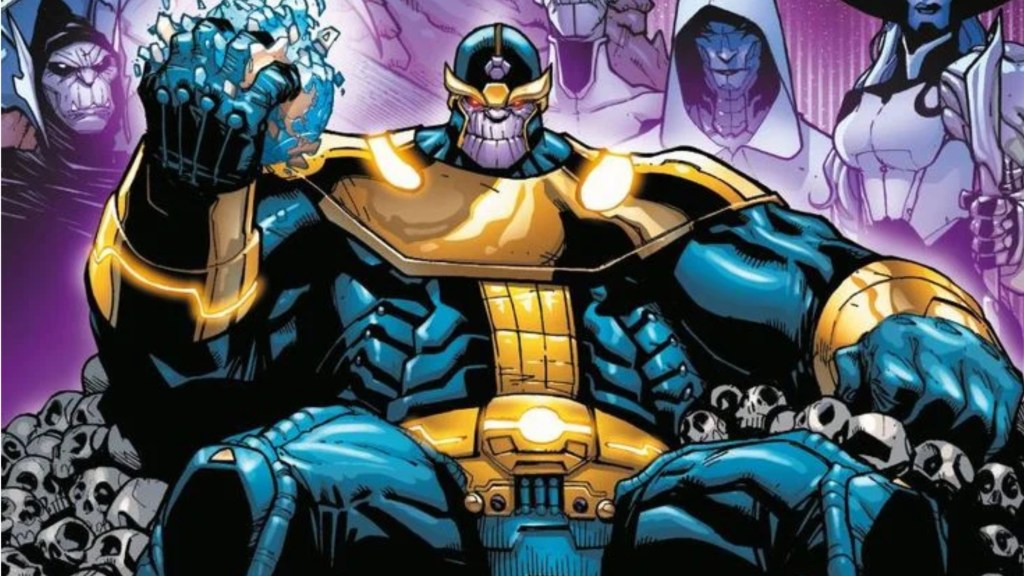 Thanos sitting on throne of skulls with the Black Order behind him