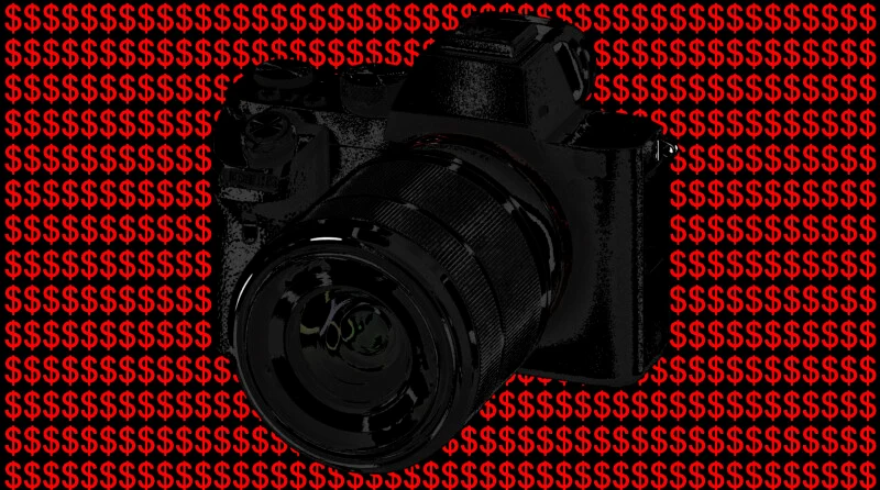 A black digital camera is centered against a red background filled with repeating dollar signs, suggesting the high cost of photography equipment.