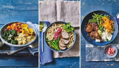 A composite image showing three different glow-up dinner bowls